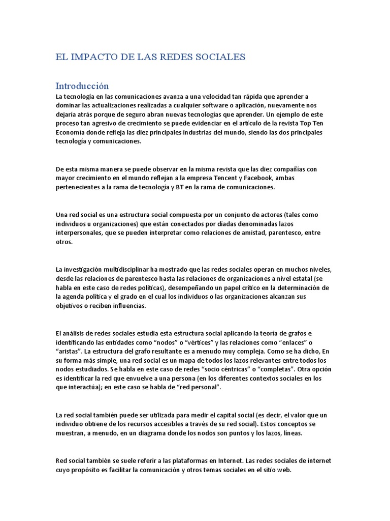 El Impacto de Las Redes Sociales Introducción | PDF | Red social ...
