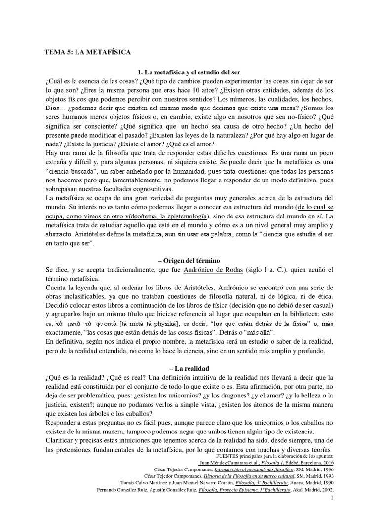 Tema 5 La Metafísica Pdf Pdf Metafísica Realidad