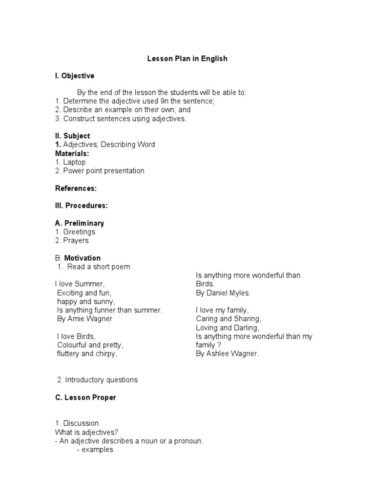 Lesson Plan In English Adjectives Pdf Adjective Noun
