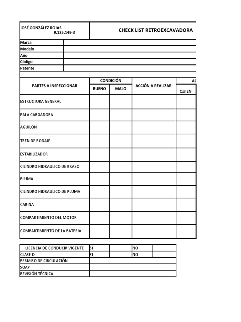 Check List Retroexcavadora | PDF
