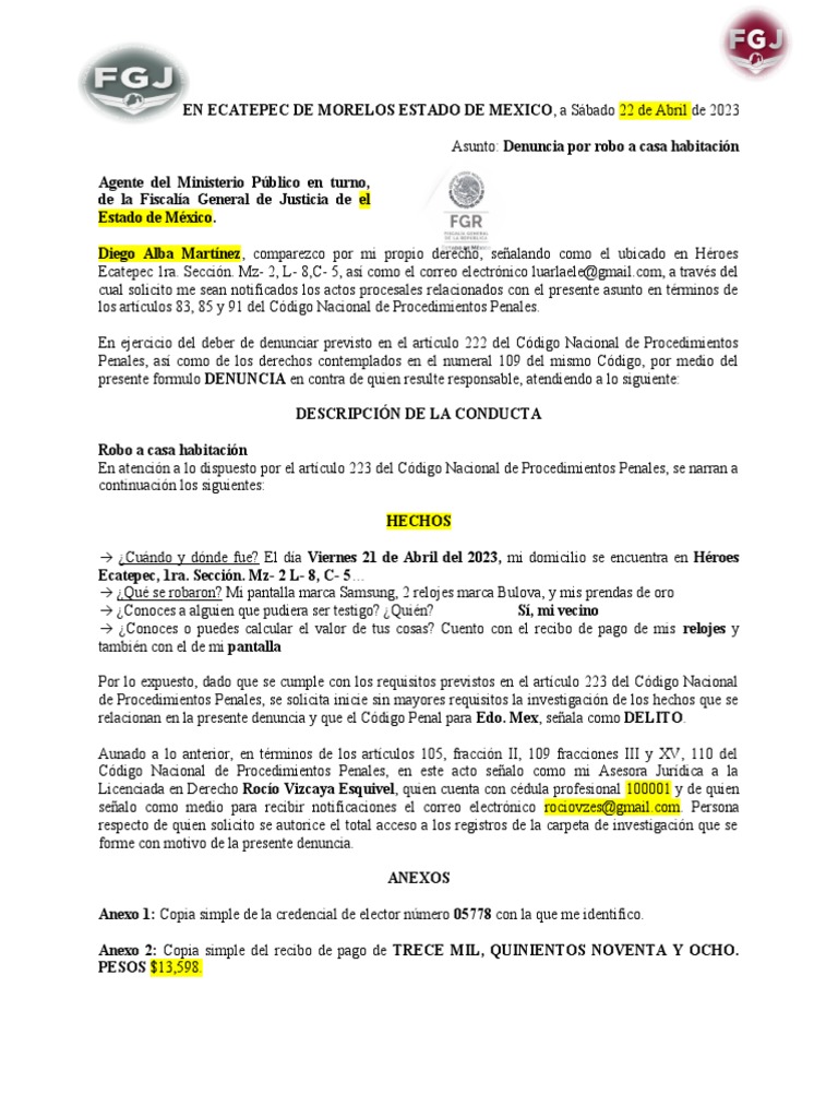 Denuncia por robo a casa habitación | PDF | Justicia | Crimen y violencia