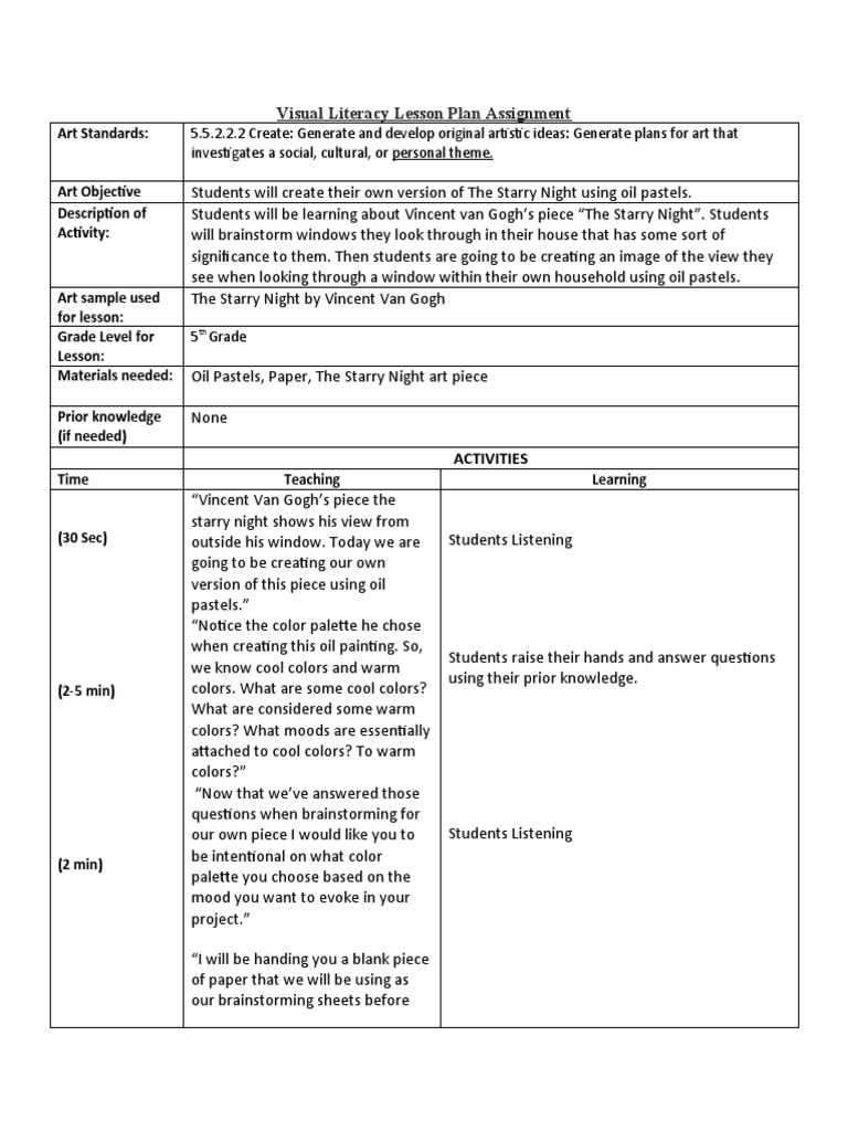 Visual literacy lesson plan assignment pdf learning cognition