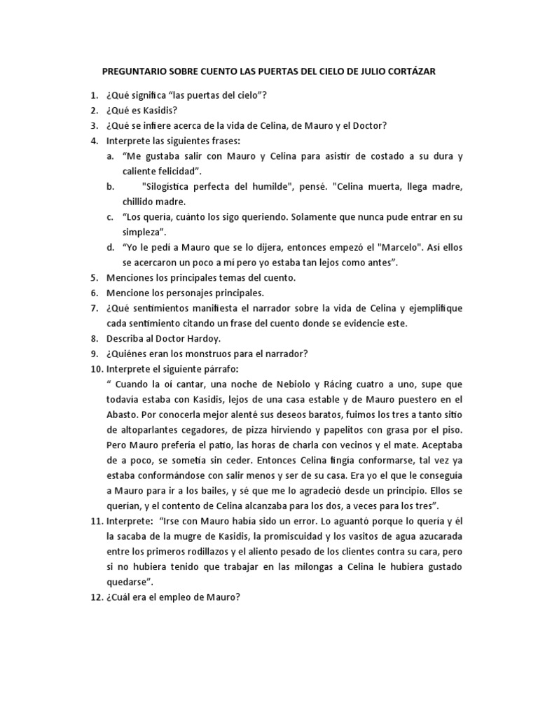 Preguntario Sobre Cuento Las Puertas Del Cielo de Julio Cortázar PDF