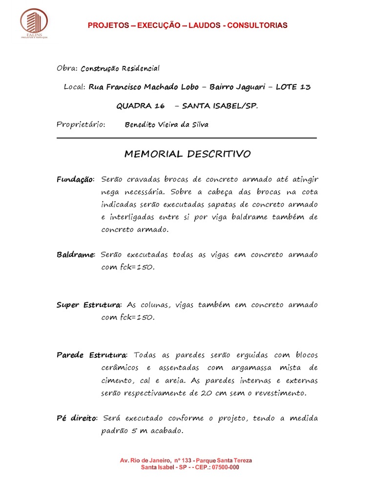 Memorial Descritivo de Construção Residencial | PDF | Argamassa ...