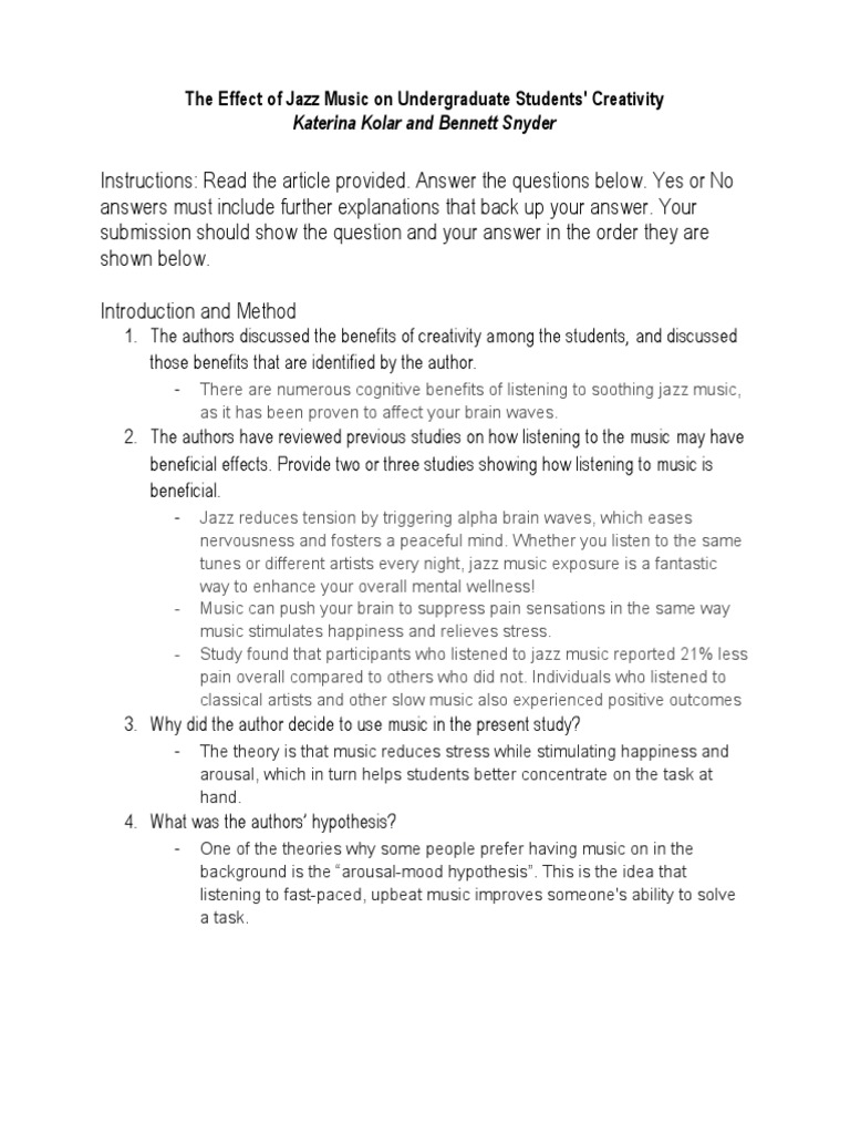 The Inconclusive Effects of Jazz Music on Undergraduate Student Creativity PDF Creativity