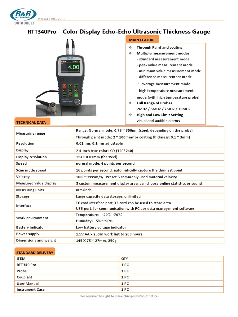RTT340Pro Ultrasonic Thickness Gauge PDF