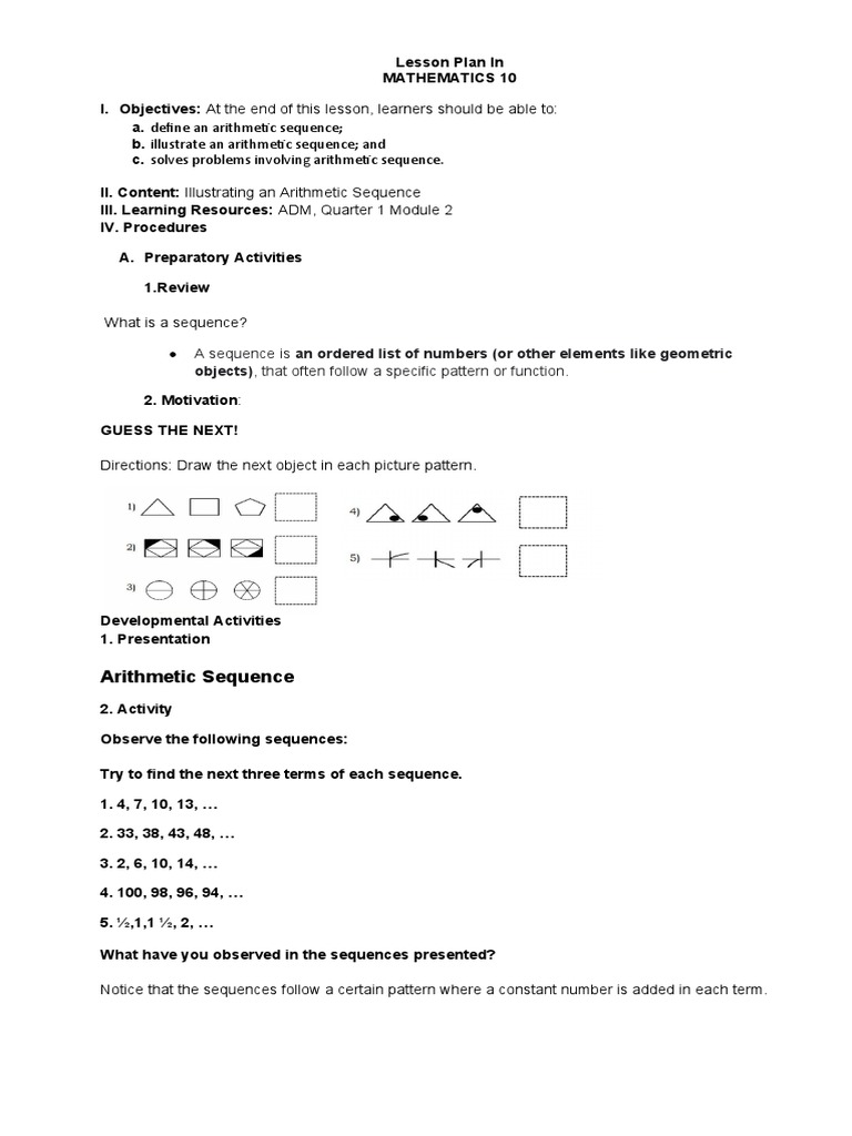Cot Lesson Plan PDF Sequence Numbers