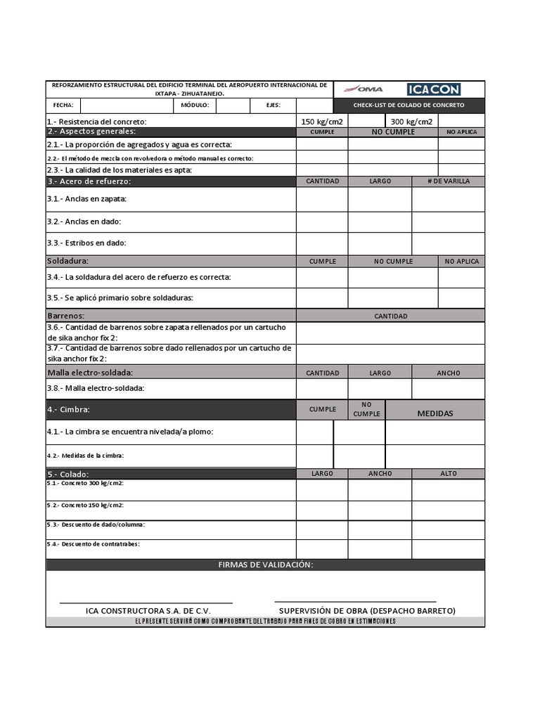 Check-list de Colado de Concreto | PDF | Materiales | Acero