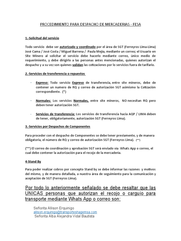 Procedimiento Para Despacho De Mercaderias Pdf