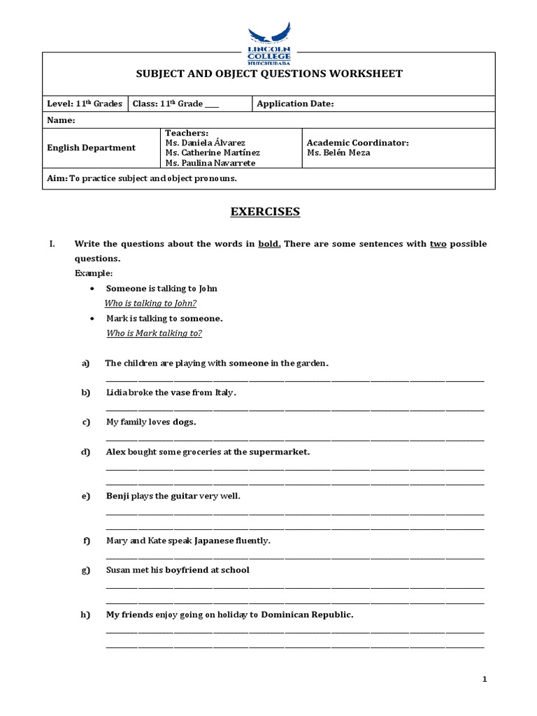 Subject And Object Questions Worksheet Pdf Linguistics Cognitive