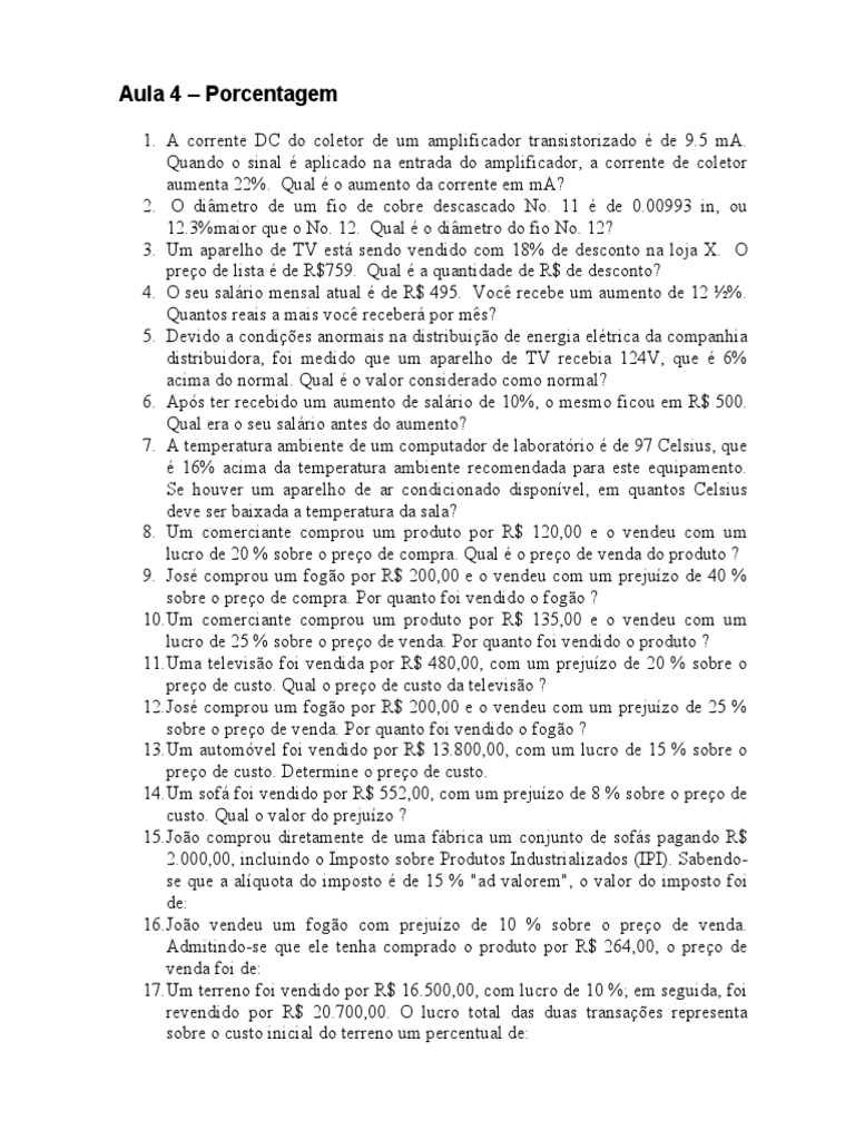 Exercício de Porcentagem | PDF | Impostos | Preços