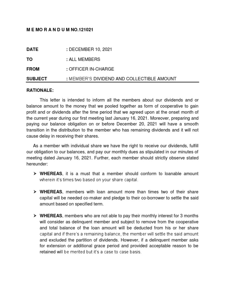 2021 Coop Dividend Distribution Memo | PDF | Dividend | Private Sector