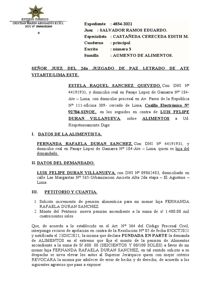 Aumento de Alimentos | PDF | Apelación | Demanda judicial