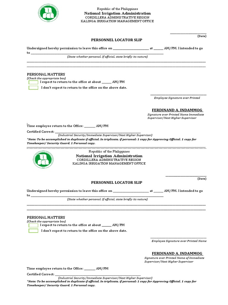 Personnel Locator Slip PDF Government Control (Social And Political)