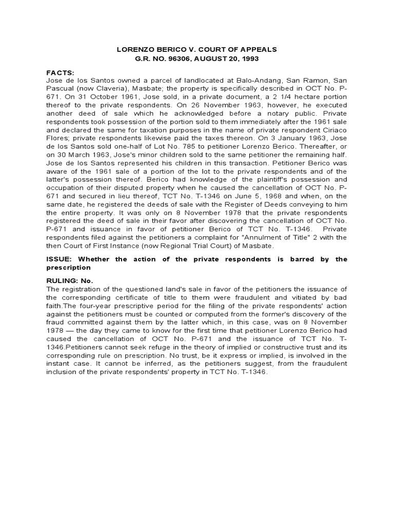 Lorenzo Berico v. Court of Appeals Case Summary | PDF | Fraud | Deed