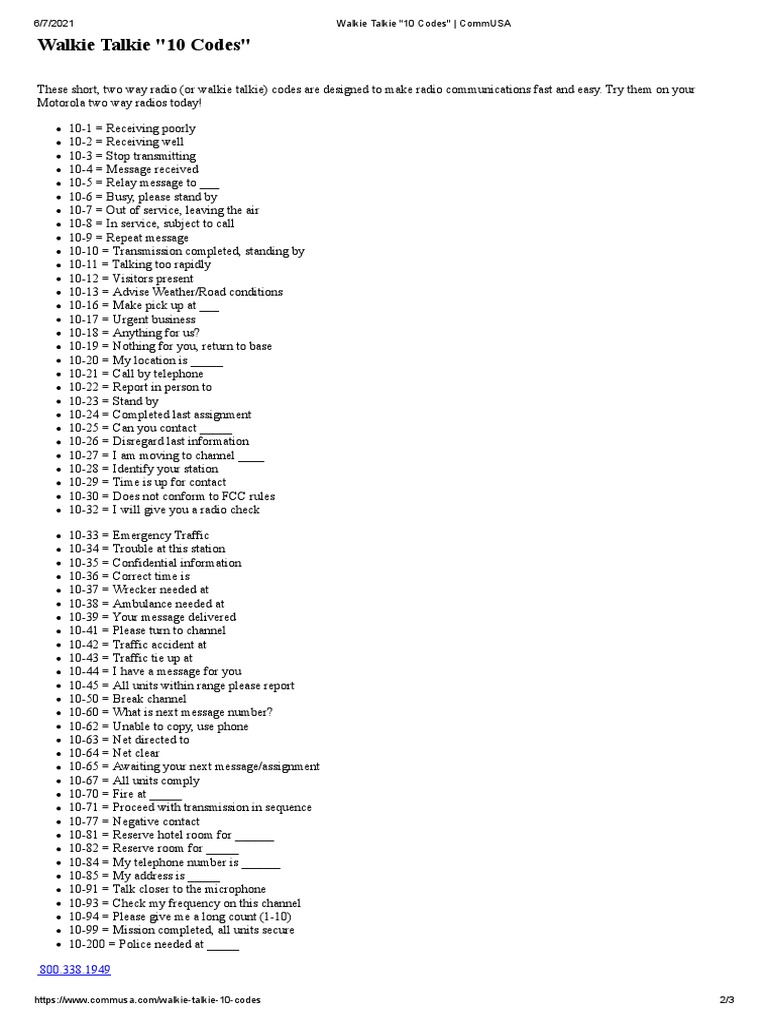 Walkie Talkie 10 Codes CommUSA Download Free PDF Radio