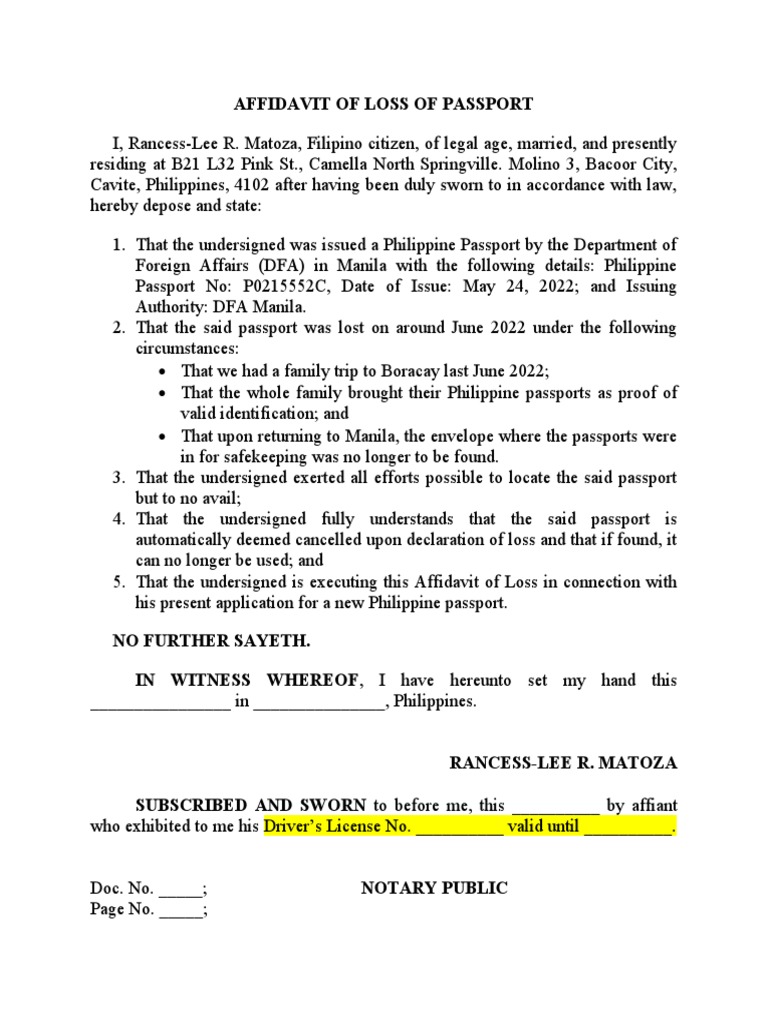 Affidavit of Loss Passport PDF
