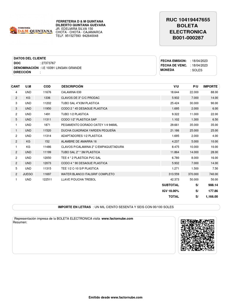 RUC 10419447655 Boleta Electronica B001-000287 | PDF