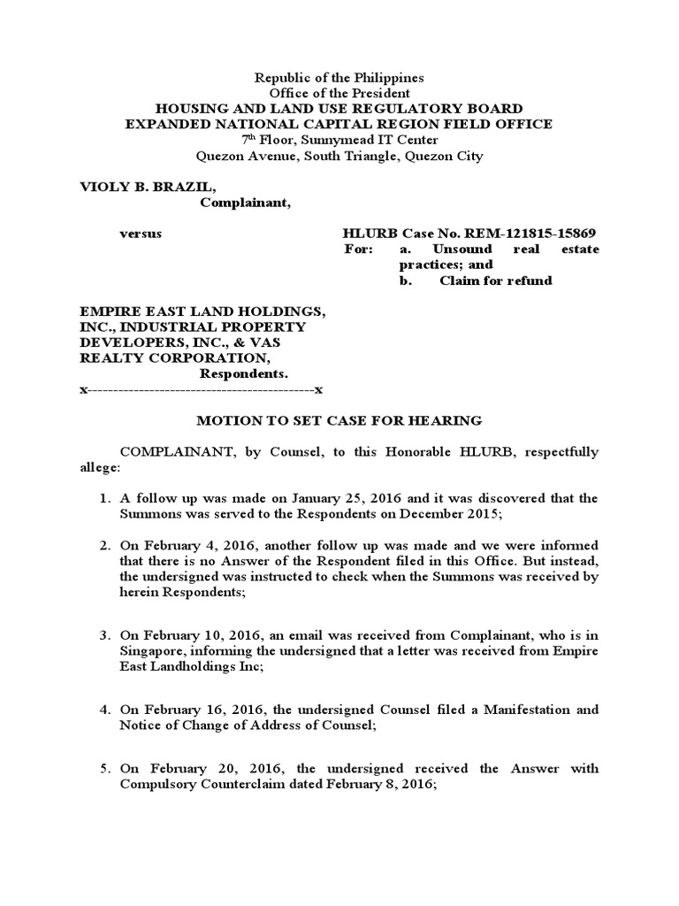 Motion To Set For Hearing PDF Common Law Justice Motion To Set For Hearing PDF Common Law Justice