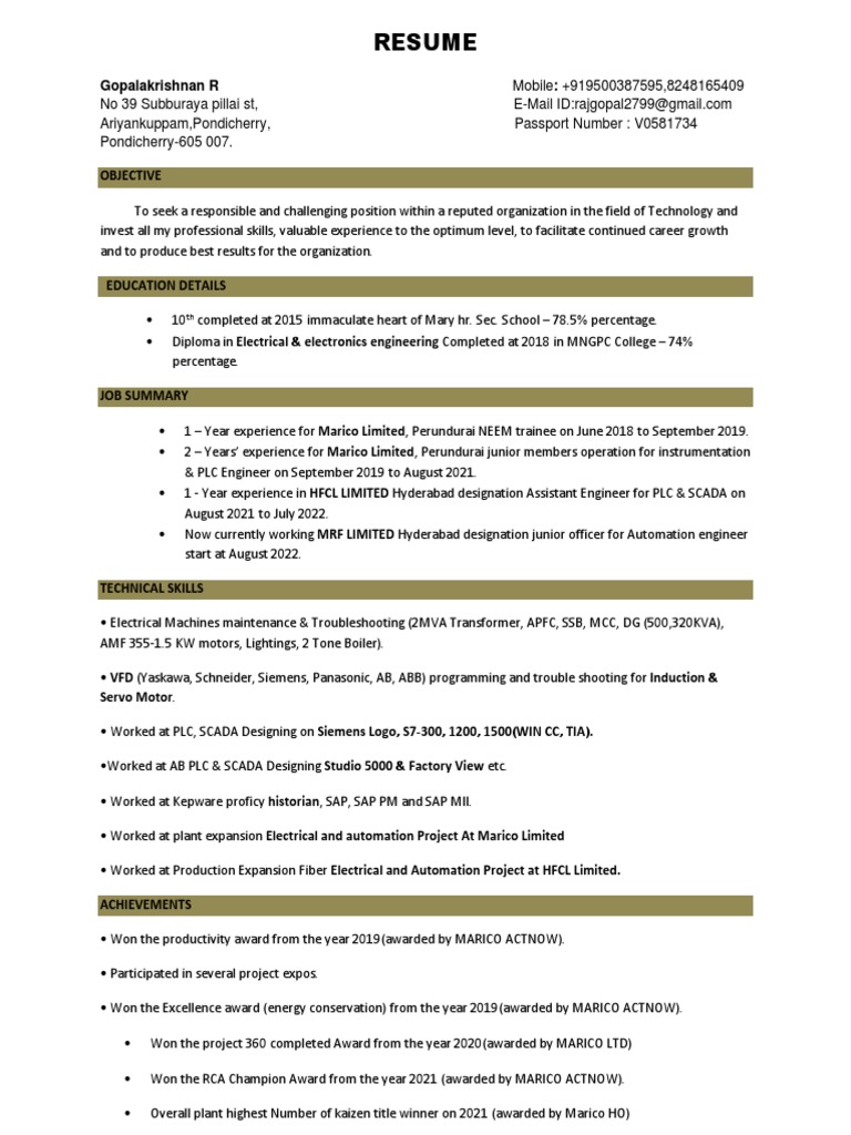 Gopalakrishnan CV Live PDF Automation Electrical Engineering