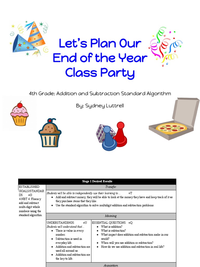 Let s plan our end of the year class party 4th grade addition and