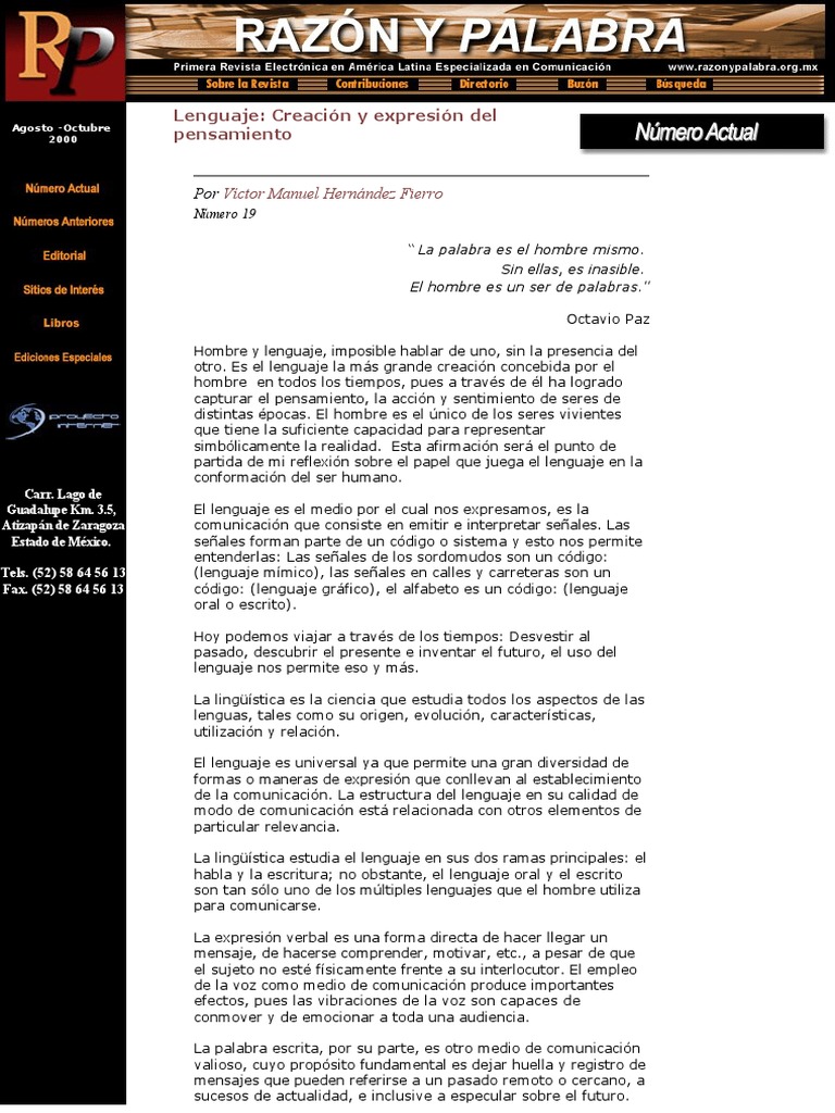 Lenguaje, Creación y Expresión Del Pensamiento. Revista Razón y Palabra ...