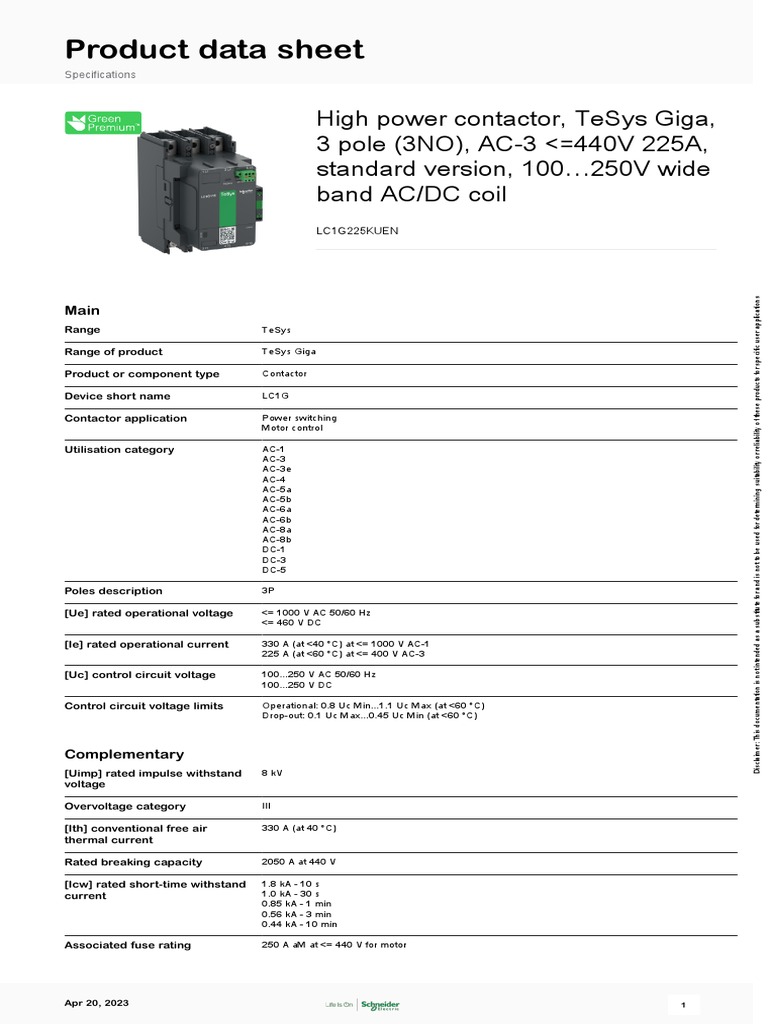 TeSys Giga LC1G225KUEN Contactor Data | PDF | Electrical Engineering ...