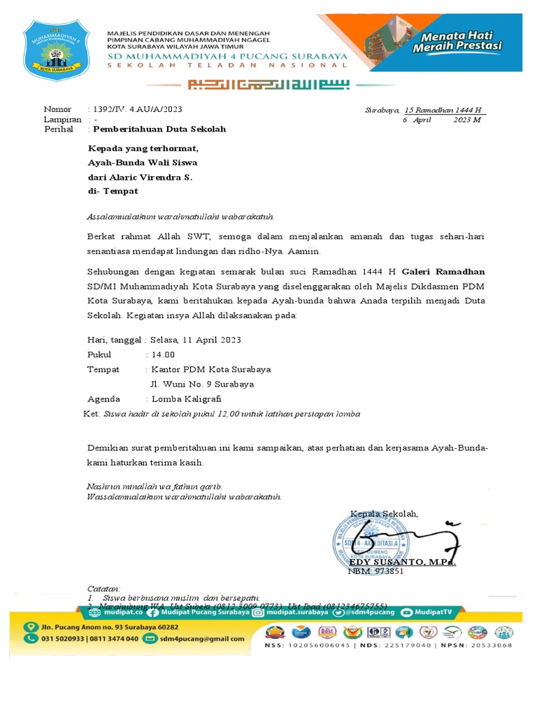 1392 Surat Pemberitahuan Duta Sekolah Pdf