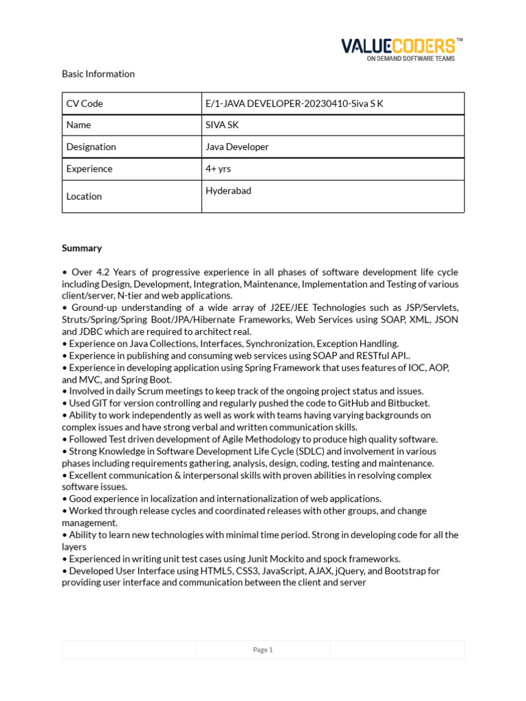 Java Developer Resume - Siva SK | PDF | Spring Framework | Product ...