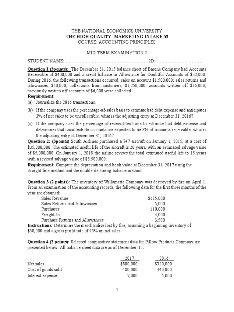 Accounting Principles MidTerm Examination Analyzing Financial Statements and Transactions