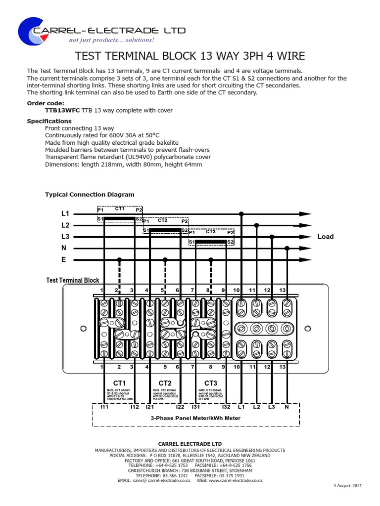 Specifications and Connection Diagram for a 13Way Test Terminal Block for 3Phase 4Wire