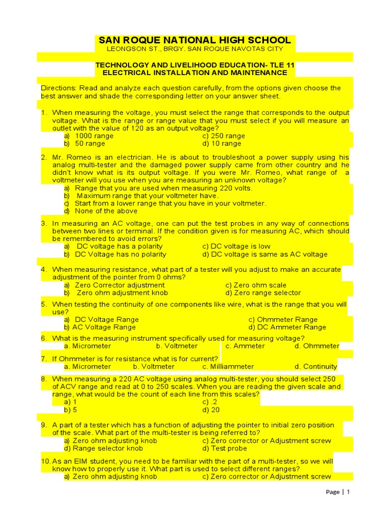EIM Test: Electrical Measurement Basics | PDF | Electrical Wiring | Voltage