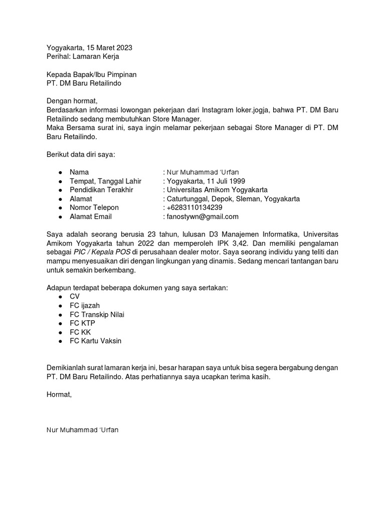 Surat Lamaran Kerja DM Baru | PDF