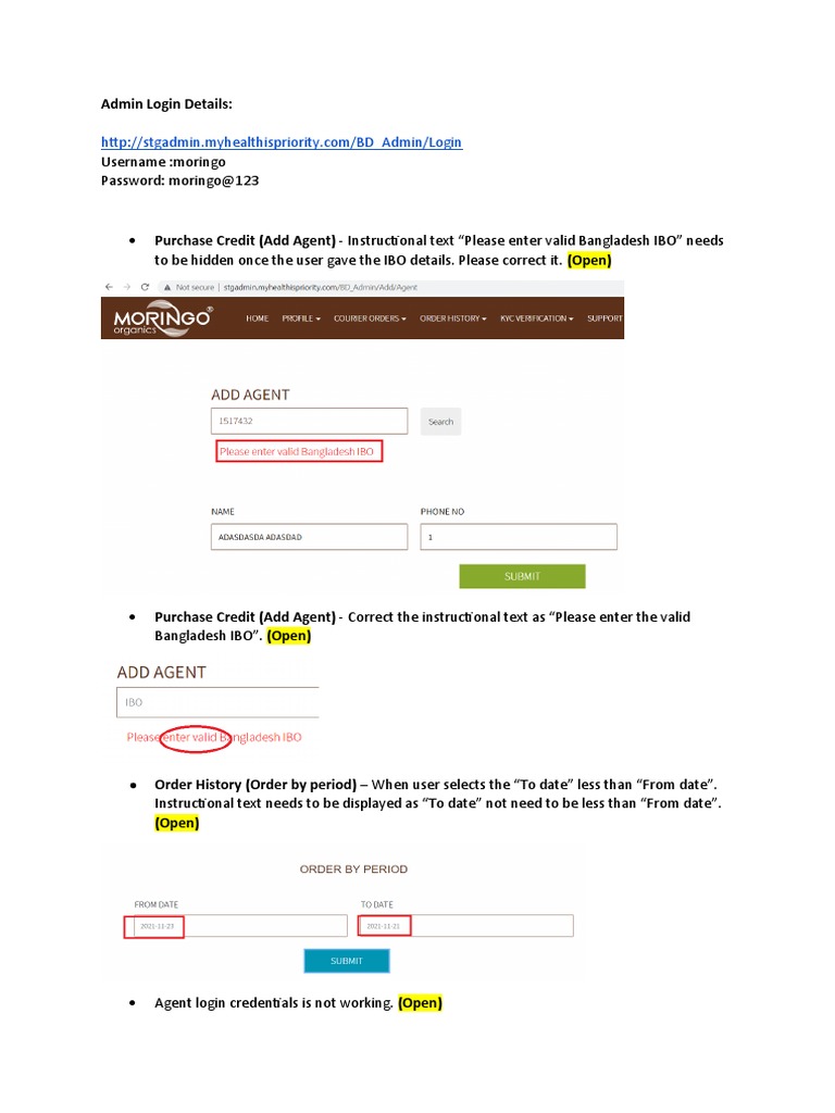 Admin Login Details and Issue Tracker for Moringo Health Admin Portal PDF