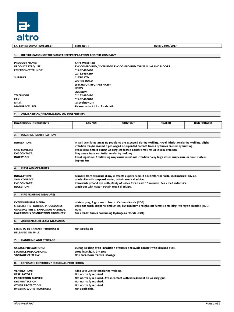 Altro Technical MSDS Altro Weld Rod PDF