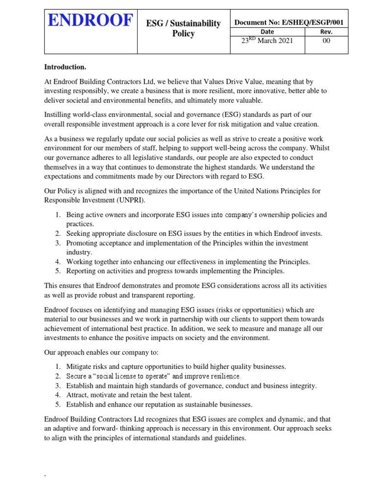 Endroof ESG Sustainability Policy | PDF | Low Carbon Economy | Employment