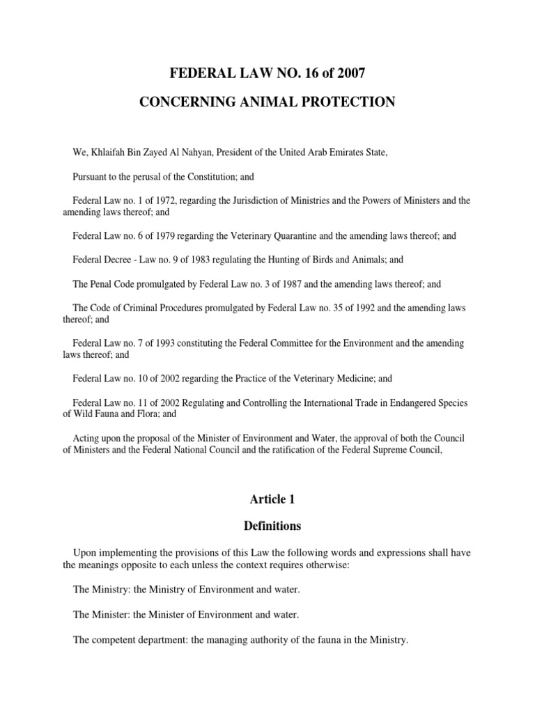 Federal Law No. 16 of 2007 Eng PDF Animal Welfare Law Of The