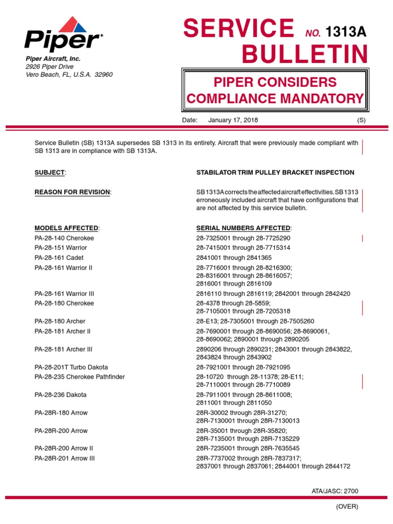 Piper Aircraft Service Bulletin 1313A Stabilator Trim Pulley Bracket