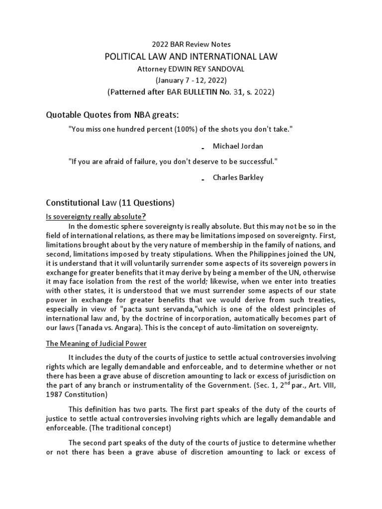 2022 BAR REVIEWER POLITICAL AND INTERNATIONAL Law PDF Case Or Controversy Clause Freedom