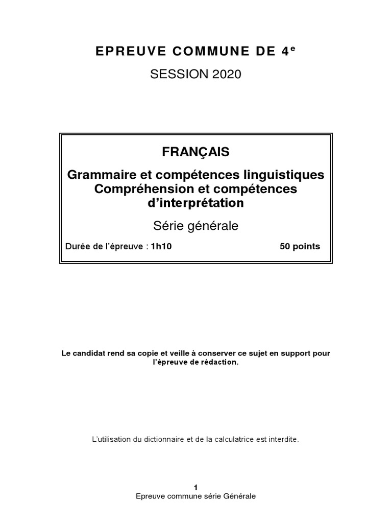 Devoir Commun 4ème Français Avec Correction Devoir Commun 4e Luzard 2020 | PDF
