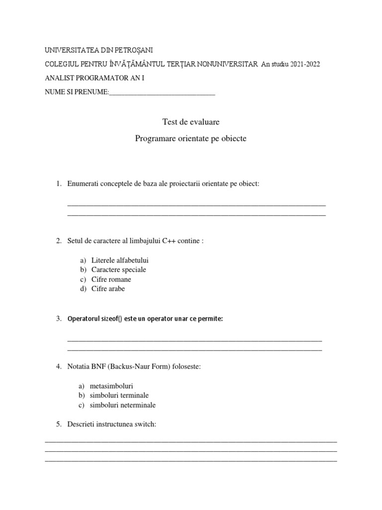 Model Test Programare Orientata Pe Obiecte | PDF