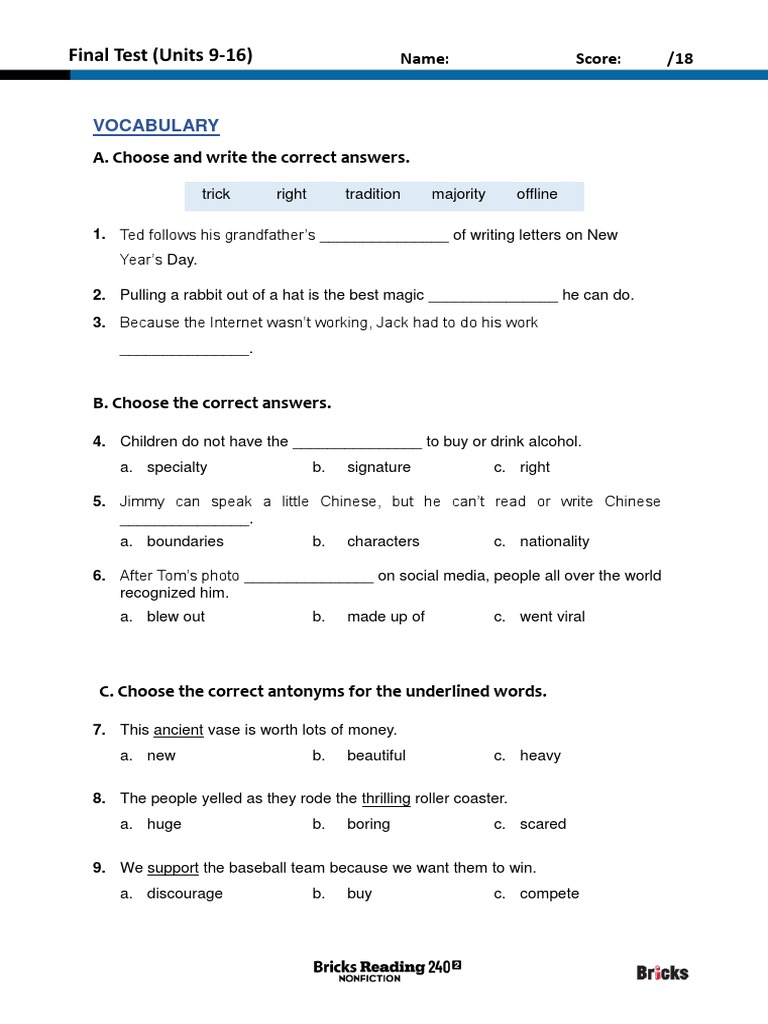 Final Test Vocabulary and Comprehension | PDF | Online And Offline ...