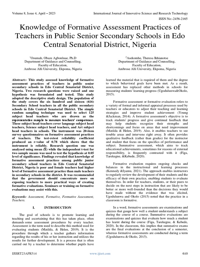 Formative Assessment Practices in Edo Schools | PDF | Educational ...