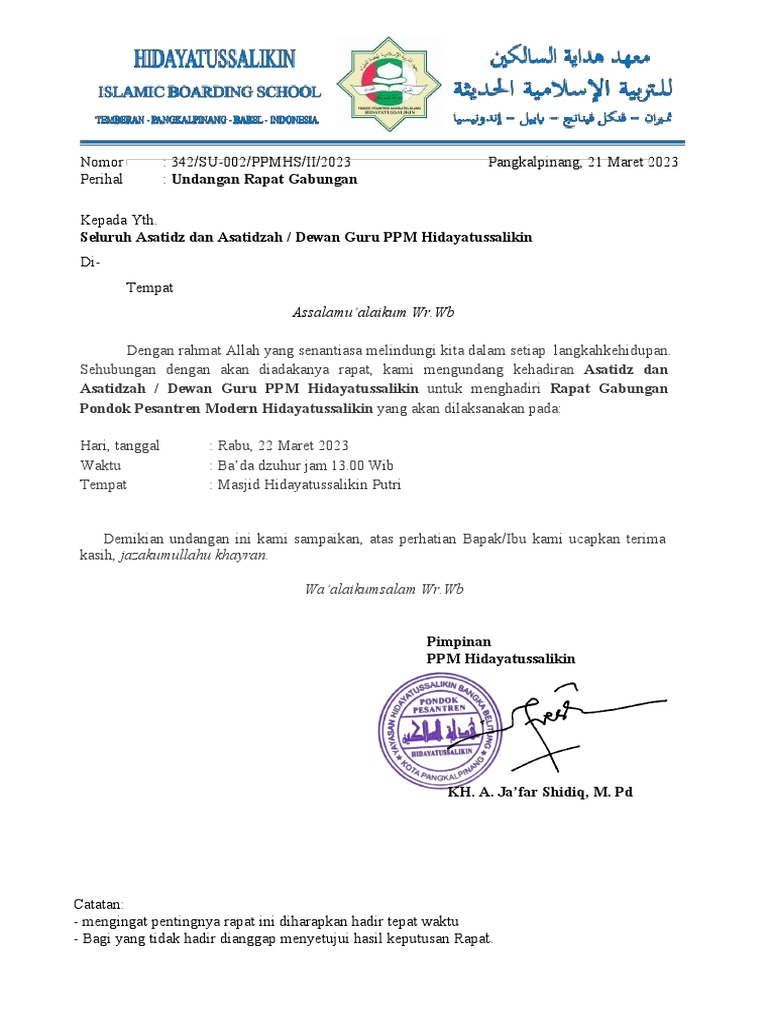 Undangan Rapat Gabungan Asatidz Pondok Pesantren | PDF