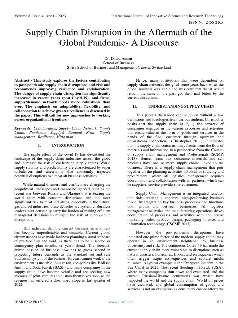 Supply Chain Disruption in the Aftermath of the Global Pandemic A