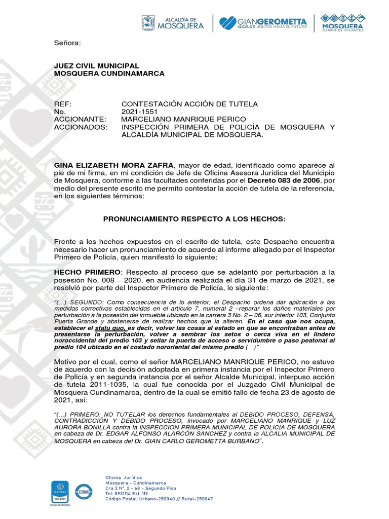 Contestación Acción de Tutela Mosquera | PDF | Multa (pena) | Debido al ...