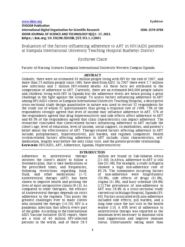 Evaluation of The Factors Influencing Adherence To ART in HIVAIDS ...
