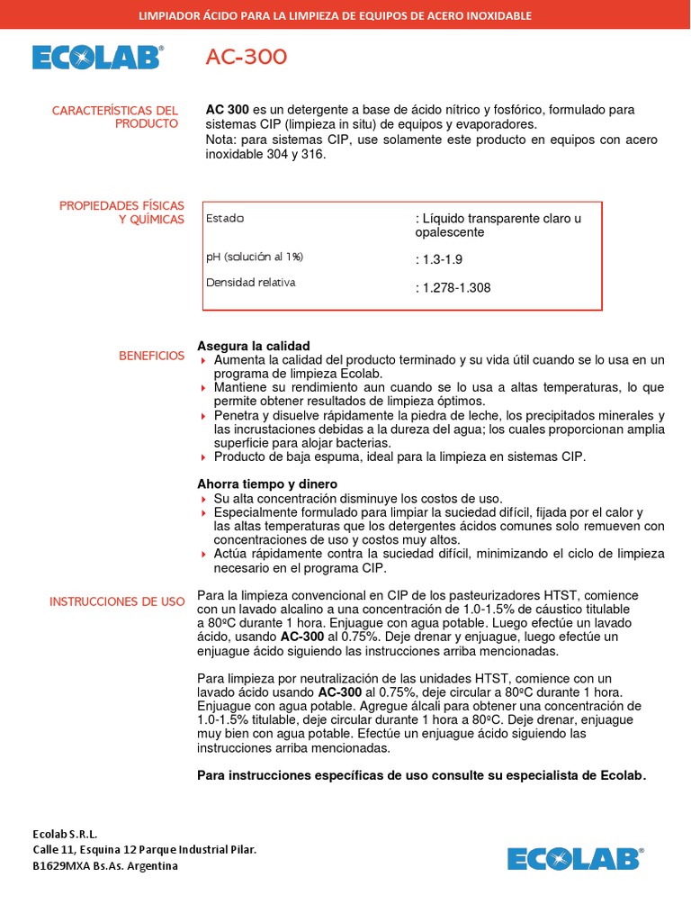 Detergente AC-300 para CIP Ecolab | PDF | Agua | Detergente