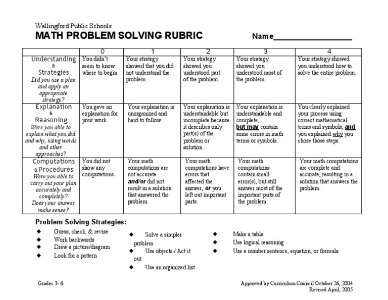 M Prob Solv Rubric 3-6 MAR 05 | PDF | Mathematics | Reason