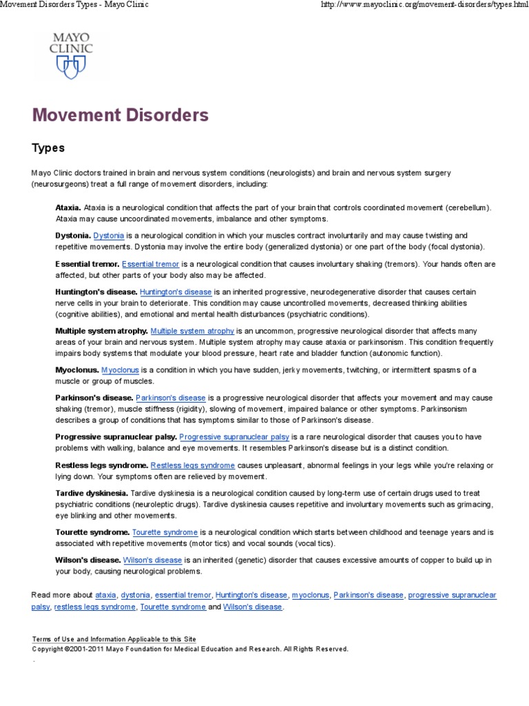Movement Disorders Types Mayo Clinic PDF Dystonia Tourette Syndrome